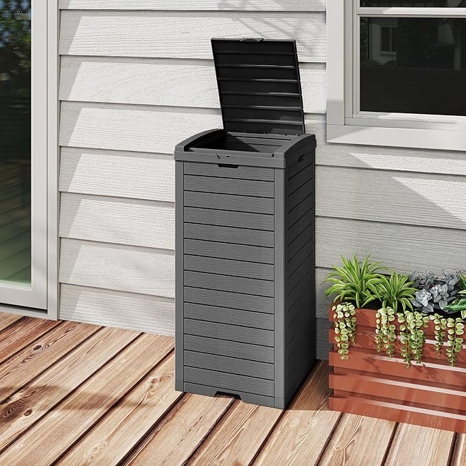38 Gallon Outdoor Trash Can with Lid, Dual Lid Closure Outdoor Trash Can, Waterproof Resin Garbage Can with Pull-Out Liquid Drawer for Kitchen, Backyard Deck, Patio(Deep Black)