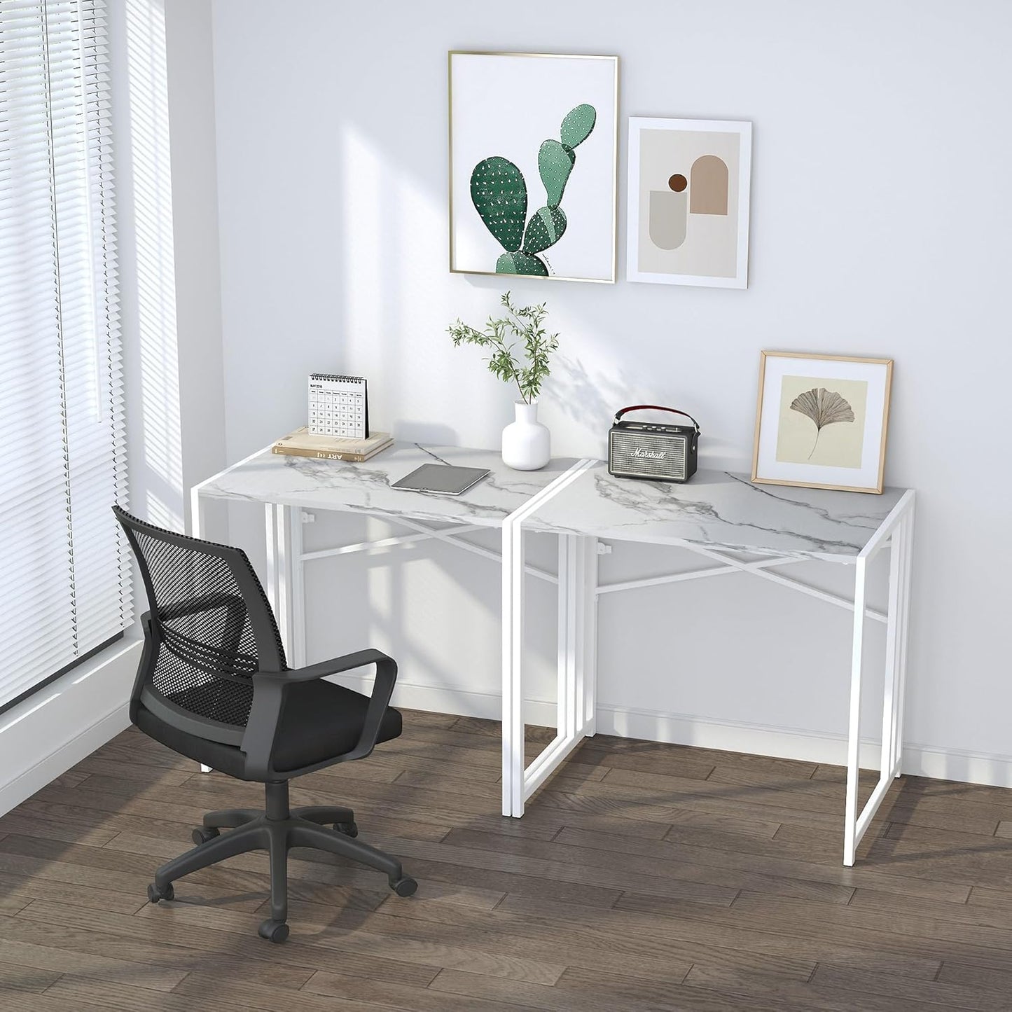 32 inch Folding Small Desk, Writing Gaming Computer Camping Desk for Small Spaces, No Assembly Required Home Office Desk, White Marble