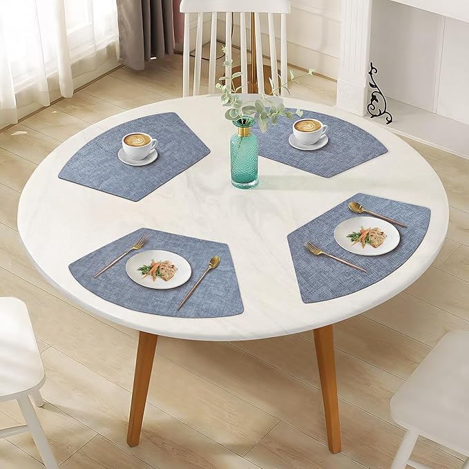 Round Table Placemats Set of 4, Faux Leather Wedge Shape Place Mats Heat Resistant Wipeable Washable Table Mats for Dining Outdoor Indoor, Blue