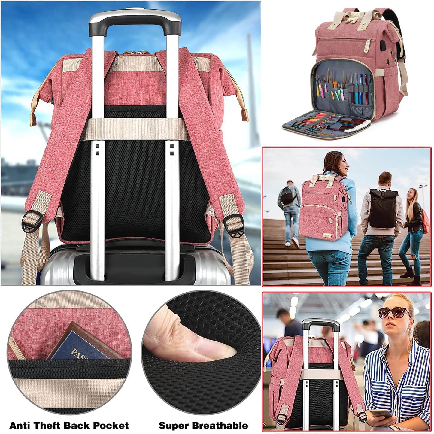 Knitting Bag Backpack,Yarn Storage Organizer Travel Crochet Bag with USB Charging Port,Large Capacity Yarn Storage Tote Bag Yarn Holder Case for Carrying Projects, Knitting Needles, Crochet Hooks Pink