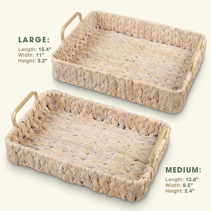 Set of 2 Rectangular Wicker Trays with Handles - Decorative Trays for Coffee Table, Ottoman, Dining Room, Living Room (White)