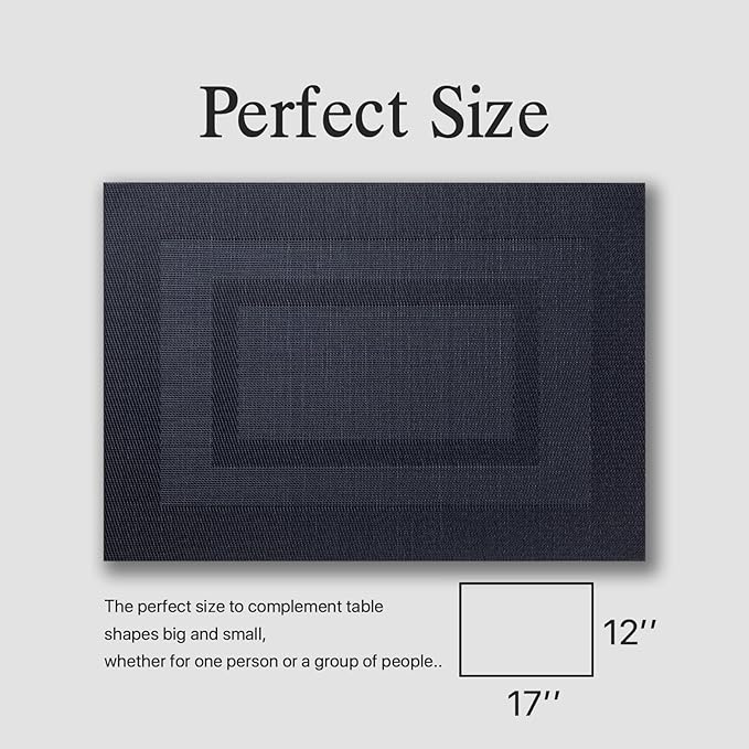 Placemats Set of 12 - Easy Clean Woven Vinyl Placemats for Dining Table, Indoor/Outdoor Place Mats, Washable PVC Table Mats(Black Cube)