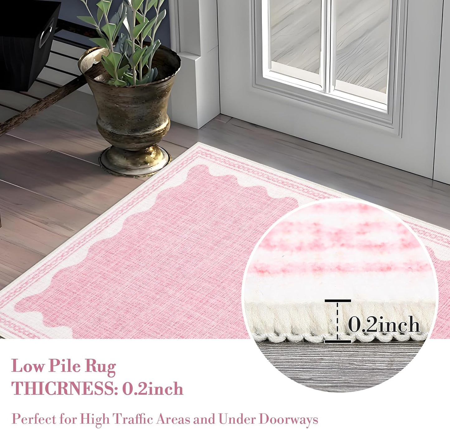 Scalloped Washable Rugs for Living Room, Solid Pink 6x9 Area Rugs for Bedroom Girls, Non Slip Scalloped Rug with Rubber Back, Soft Dorm Nursery 6x9 Rugs for Dining Room