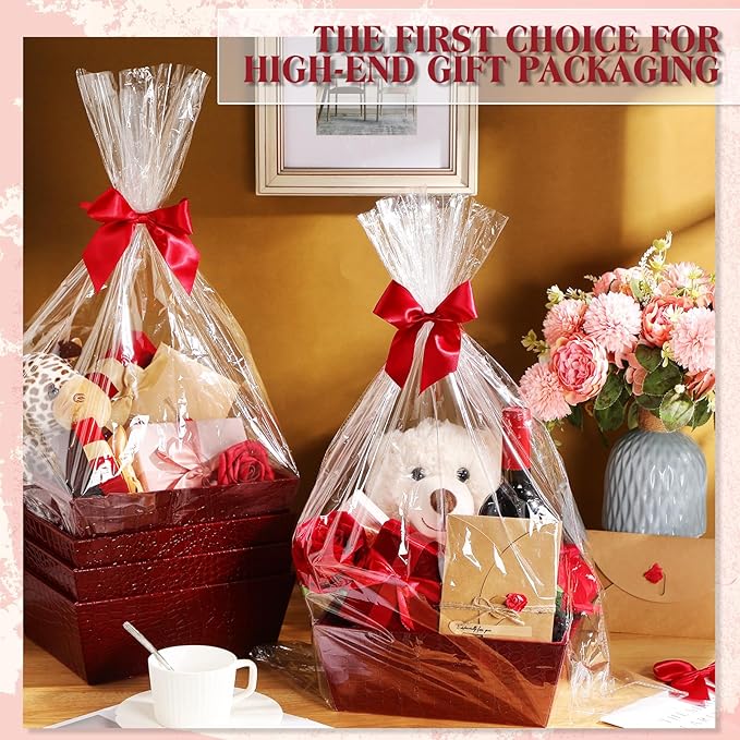 Wonderjune 20 Pcs Valentines Day Gift Baskets Empty To Fill Baskets For Gifts Empty With Gift Bag Bow Valentines Gifts Storage Basket Bulk for Wedding Party Wrapping(Wine Red)