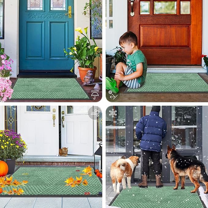 Smiry Front Door Mat Outside Entrance, Heavy Duty Sturdy Natural Rubber Doormat, Trap Dirt and Moisture, Easy Clean Low Profile Mats for Indoor Outdoor Entry, Irregular Triangle (36x24, Mint Green)