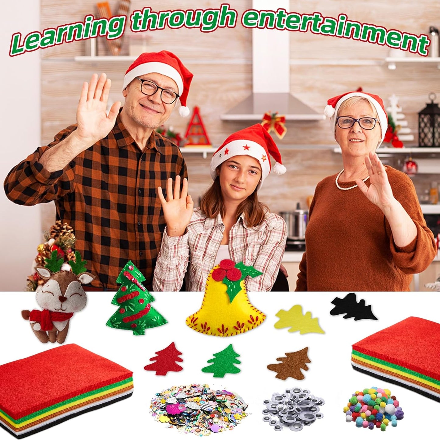 gisgfim 42Pcs Christmas Felt Fabric Sheets 8 x 12 Inch Red Green Black Assorted Soft Thick Felt Pack with Wiggle Google Eyes Pom Poms Glitter Patchwork Craft for DIY Sewing Creative Art Project Decor