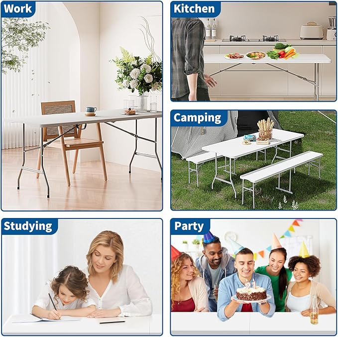 HLPB Folding Table 6ft, Foldable Portable Heavy Duty Plastic Fold-in-Half Utility Table with Handle & Safety Locks, Picnic Table Indoor Outdoor for Camping, Picnic and Party