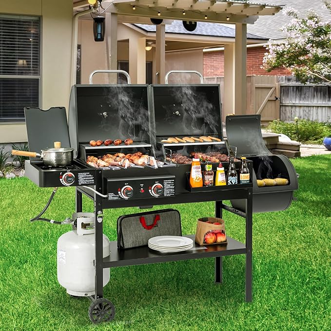 2-Burner Gas and Charcoal Combo Grill with Offset Smoker & Side Burner, 34,000 BTU Dual Fuel Grill, 1020 Sq. In. Cooking Area, Ideal for Outdoor Cooking, Black, ZH3005Y-SC