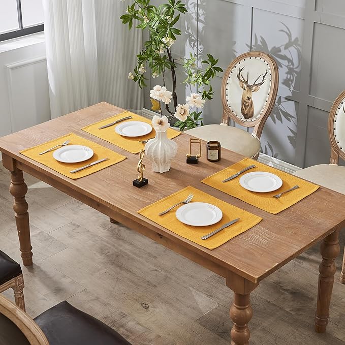 BALCONY & FALCON Placemats Set of 4 Faux Linen Cloth Place Mats Washable Waterproof Wrinkle Resistant Table Placemats for Dining Kitchen Farmhouse Indoor & Outdoor Use(Golden, 13.8”x 17.7”