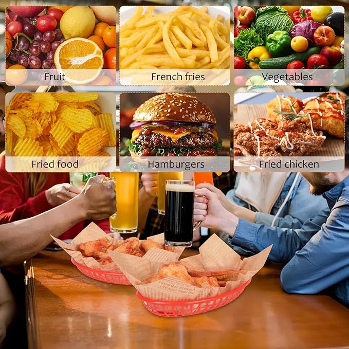 20 Pack Plastic Fast Food Baskets, 8.8" × 5.5" Small Oval Restaurant Serving Baskets Tray for Burgers, Sandwiches, Hot Dogs, Parties, Food Trucks, Reusable or Disposable, Stackable(Red)
