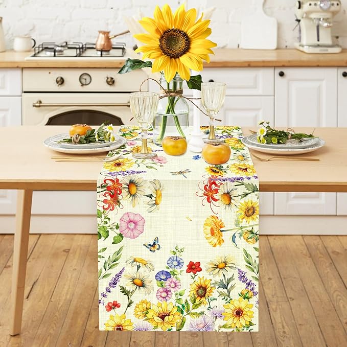 Tulip Lavender Spring Table Runner, Summer Seasonal Holiday Anniversary Kitchen Table Decorations, Indoor Outdoor Home Party Decor (Colorful Sunflowers, 13×72 Inches)
