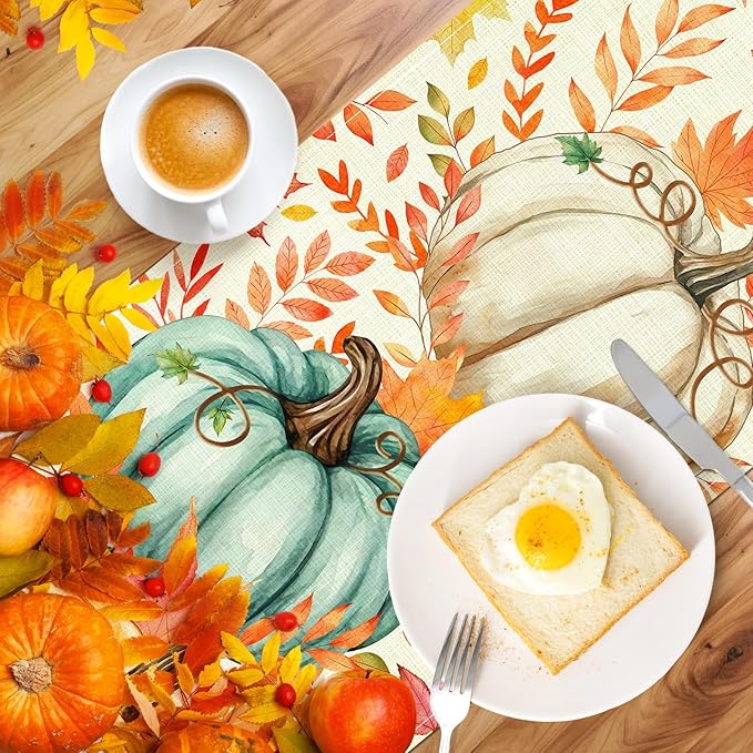 Pumpkin Fall Table Runner, Maple Leaf Autumn Thanksgiving Kitchen Table Decorations for Home Party Decor 13×72 Inches