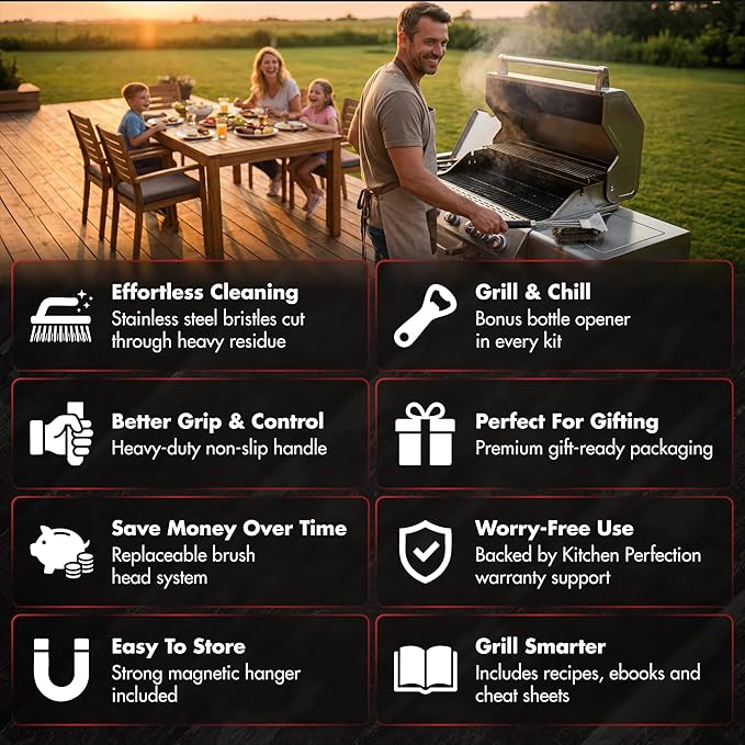 KITCHEN PERFECTION Brass GrillSaver - Safe BBQ Grill Brush with Replaceable Cleaning Head -Heavy-Duty Grill Cleaner w/Scraper for Porcelain & Ceramic Grates, Includes Magnetic Hanger & Bottle Opener