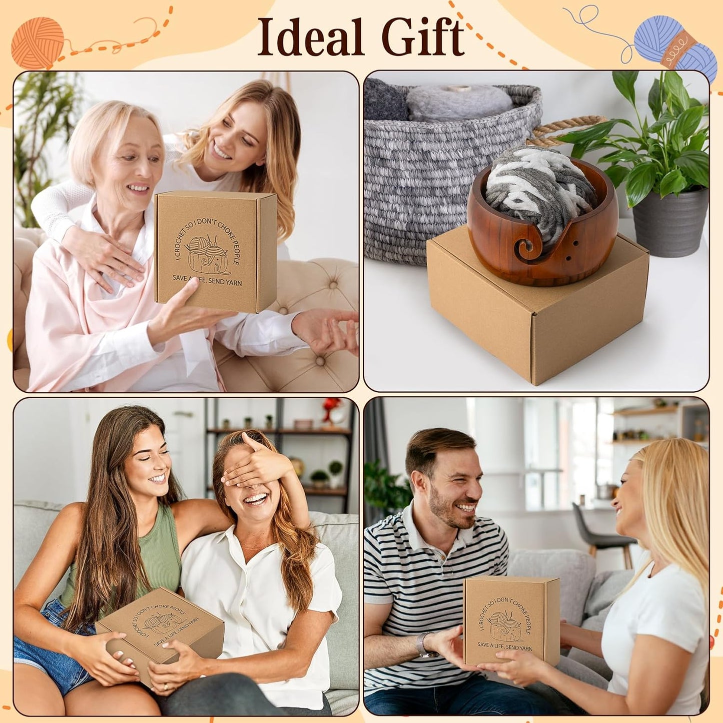 WATINC Wooden Yarn Bowl Holder Set - Large Crochet Yarn Storage Bowls with 9pcs Metal Knitting Hooks, Adjustable Loop Ring Stitch Markers with Box Crochet Gifts for Knitters Crocheters (Dark Brown