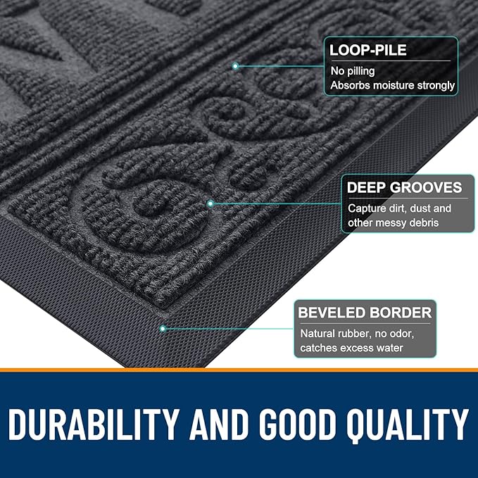 OLANLY Welcome Door Mat Indoor Outdoor Entrance, Heavy Duty Sturdy Front Door Mat, Waterproof All-Weather Doormat, Stain Resistant, Low Profile, Easy Clean Patio Entryway Mat, 29.5 x 17, Medium Grey