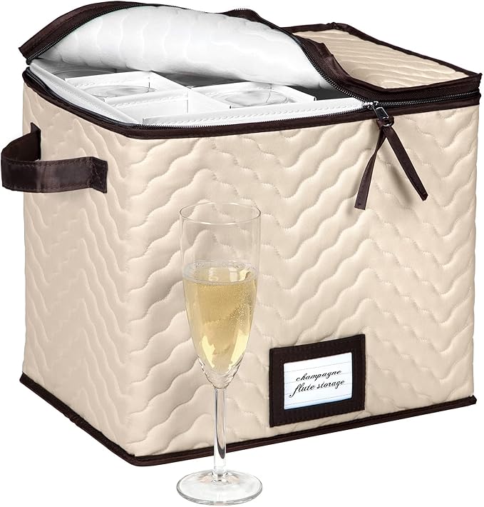 Wine Glass Storage Box with Dividers - Stemware Storage Case, Durable Quilted Microfiber Bin with Carry Handles, Protects Fine China - (1 Pack, Champagne Flute)
