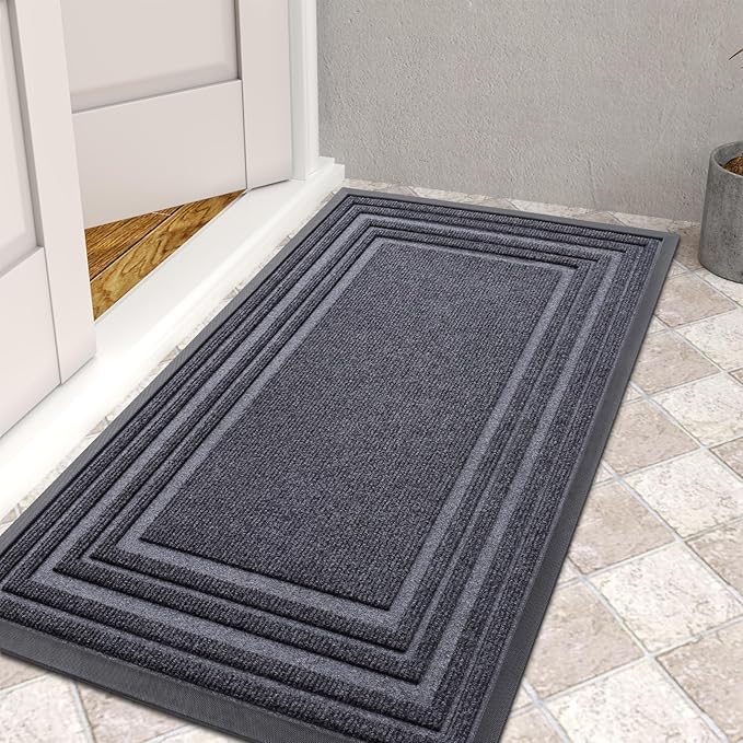 Buganda Front Door Mat Indoor Outdoor Entrance, Non-Slip Natural Rubber Doormats, Easy Clean, Low Profile, Dirt Trapper Entryway Floor Mats for Outside, Garages and Patios, 47x24, Grey