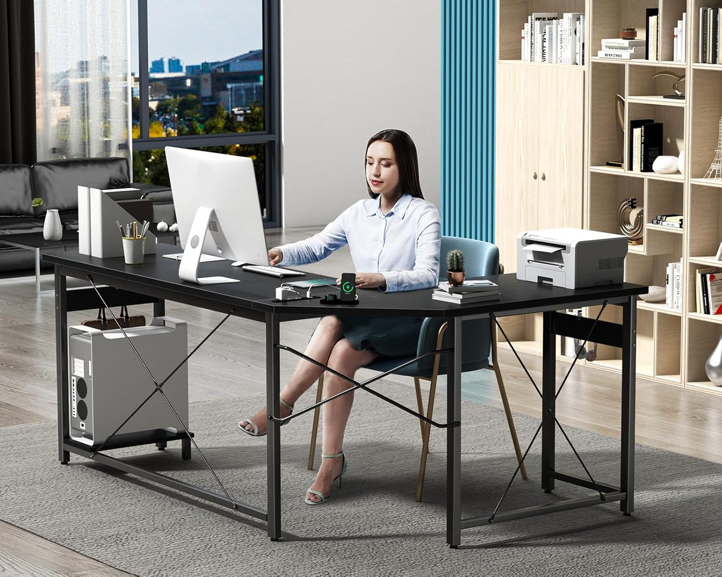 Coleshome 66" L Shaped Gaming Desk with Outlet, L Shaped Desk with CPU Stand, Corner Computer Desk, Home Office Desk, Writing Desk, Black