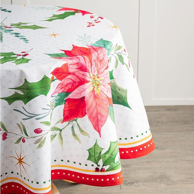 Maison d' Hermine Table Cloth Round Table 100% Cotton 63 Inches Fall Tablecloth Reusable Everyday Use for Thanksgiving Christmas Decorations Dining Farmhouse Party (Poinsettia Christmas)