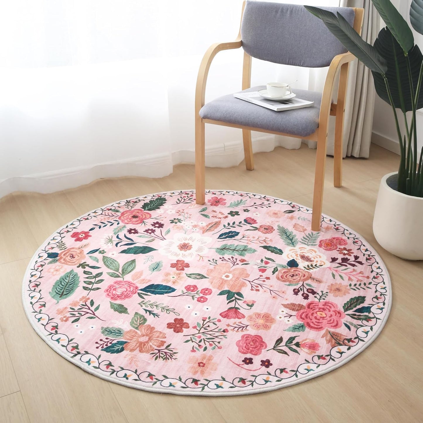Rugcomf Round Rug 4ft Washable Circle Rug Non Slip Low Pile Boho Floral Small Circular Rug for Bedroom, Bathroom, Entryway, Kids Room, Office, College Dorm(Pink)