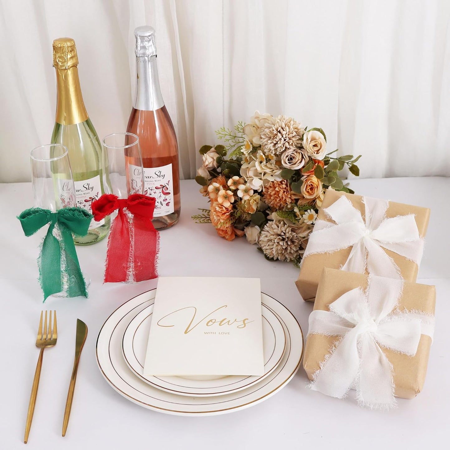 TONIFUL 4 Rolls Silk Chiffon Ribbon 1-1/2 Inch x 22 Yards, Red Green White Handmade Fringe Silk Ribbon for Gift Wrapping Flowral Bouquets Crafts Halloween Christmas Wreath Tree and Party Decoration