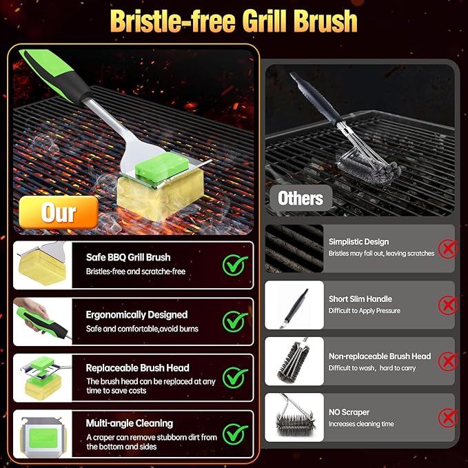 Grill Brush Bristle Free for Outdoor Grill, Steam Grill Cleaning Brush Replaceable BBQ Cleaner Brush Head,Extended Handle, Safe Grill Brush for Cast Iron Stainless-Steel Grates,Light Green