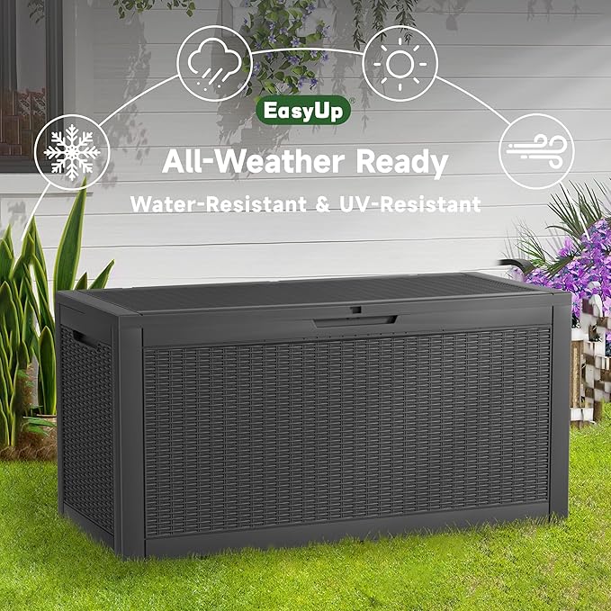 EasyUp 120 Gallon Outdoor Storage Box Waterproof, UV Resistant Resin Deck Box with Hydraulic Rod, Reinforced Stability for Patio, Garden, Rattan Black