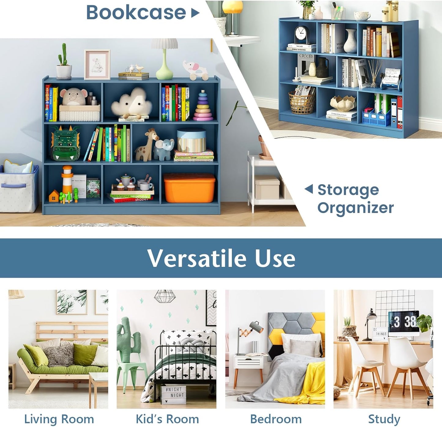 Giantex 8 Cube Bookcase, Freestanding 3-Tier Open Bookshelf, Modern Storage Display Cabinet, Wood Cube Storage Organizer for Living Room, Kid’s Room, Bright Blue