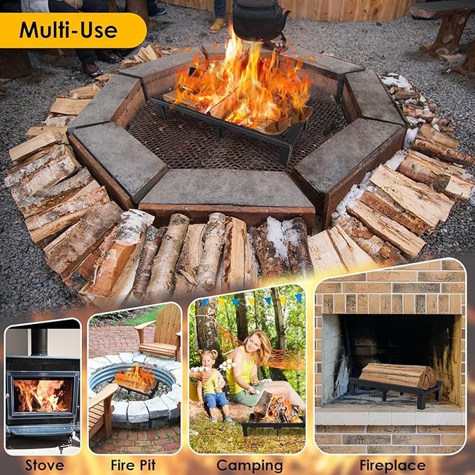 STBoo Fireplace Grate 20inch - Wood Stove Grates Heavy Duty | Fireplace Log Holder | Firewood Log Burning Wrought Iron Rack | Fire Pit Tray for Indoor Chimney Hearth & Outdoor Kindling Tool