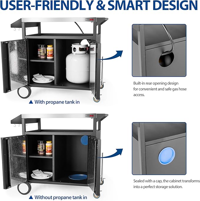 Grill Table Outdoor Kitchen Cabinet, Moveable Outdoor Prep Table & Bar for Storage, Grilling and Pizza Oven, Multifunctional Silver & Black