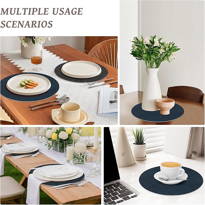 13" Round Placemats Set of 6, NCUE Dual-Sided Faux Leather Heat Resistant Table Mats, Waterproof Oilproof Washable Protective Table Placemats with Coaster, Wipeable Vinyl for Indoor & Outdoor Use