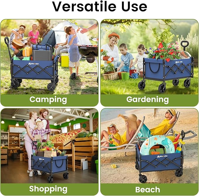 Collapsible Wagon with Wheels, 220 lbs Wagons Carts Foldable Wagon Cart with Flexible Handle, Lightweight Portable Folding Utility Grocery Shopping Cart for Grocery Sports Garden Camping, Blue