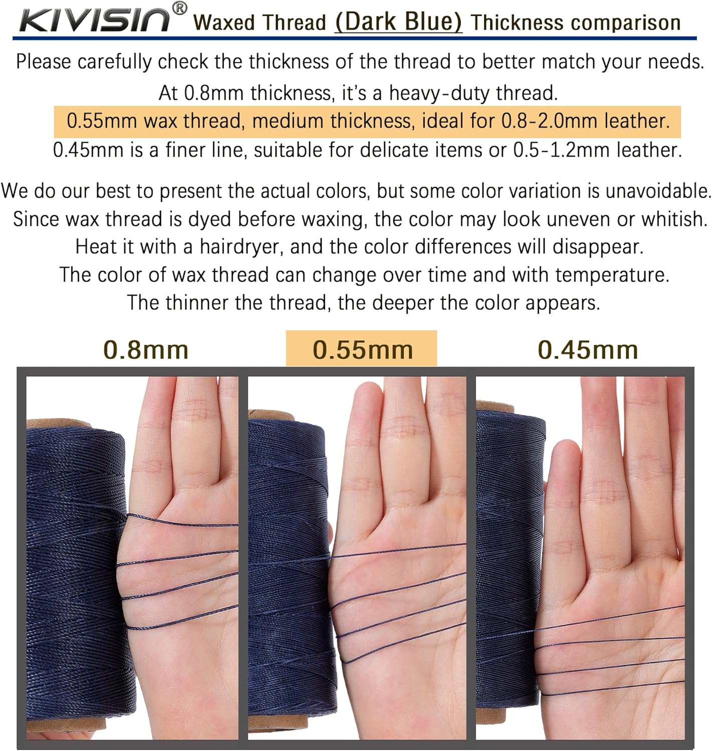 Round Waxed Polyester Thread 0.55mm, 440 Yards, Dark Blue, Stiff 3 Ply Leather Wax String for Hand Sewing, Beading, Knotting, Book Binding, Upholstery, Macrame Jewelry and Bracelets Making