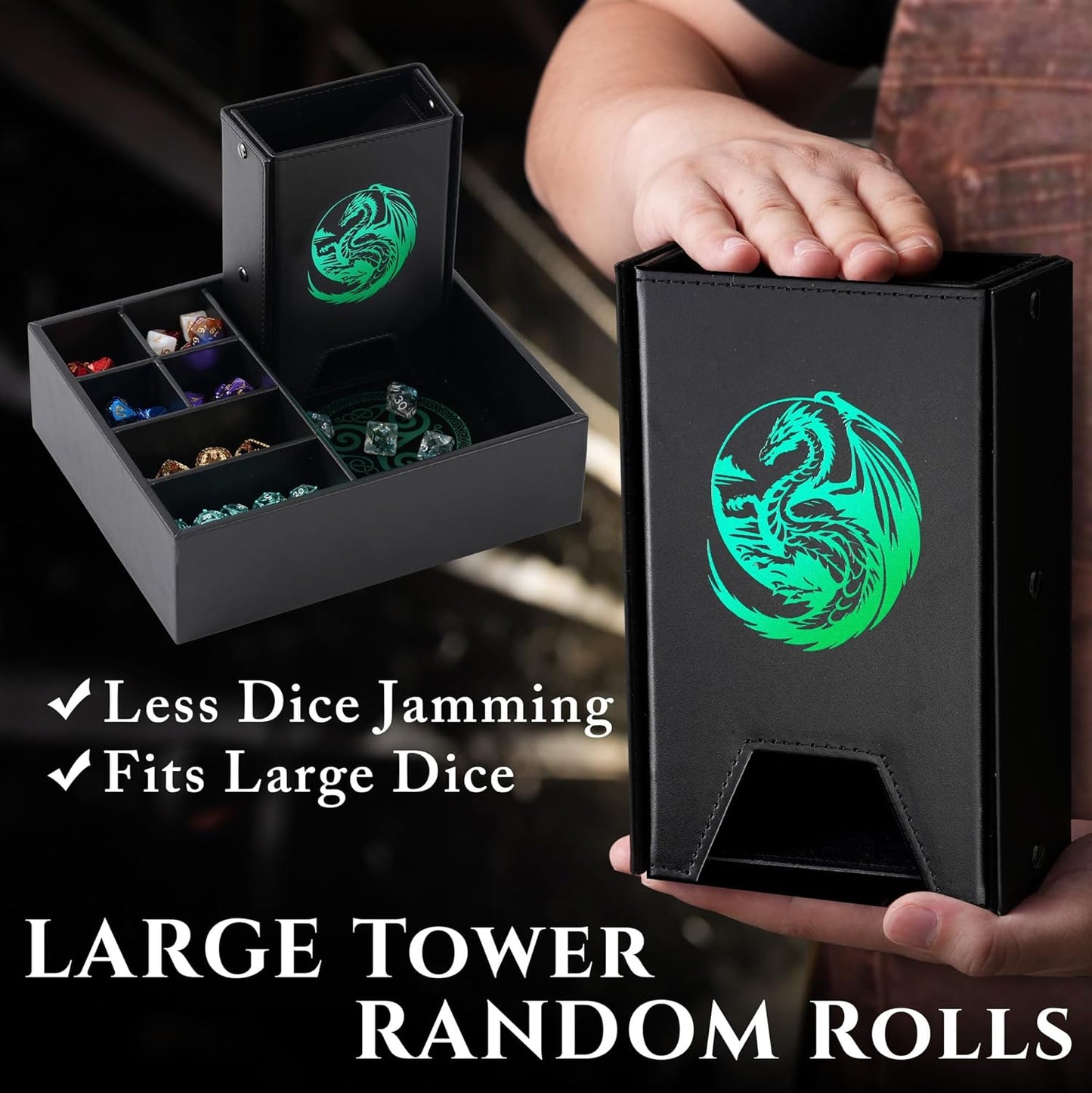 Dice Tray and Dice Tower for DND: All-in-One Tray, Storage & Large Tower for Random Rolls - Stores Your Sets, Mini's etc, Perfect for D&D and RPG Gift Accessories (Green Dragon)