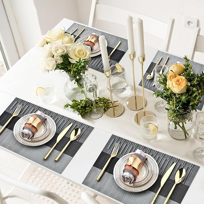 SLKQG Placemats Set of 8 - Easy Clean Washable Vinyl Placemats - Heat Resistant Placemats for Kitchen Table - PVC Table Mats for Dining Table (Black and Gray, 8)