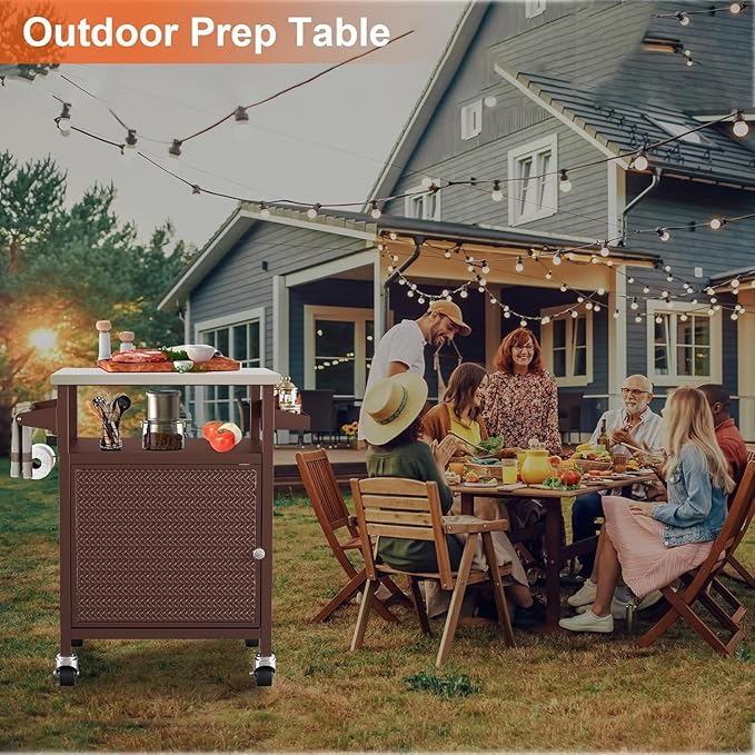 Outdoor Pizza Oven Table,Outdoor Table with Waterproof Cover, Movable Pizza Oven Stand Tables (Brown)