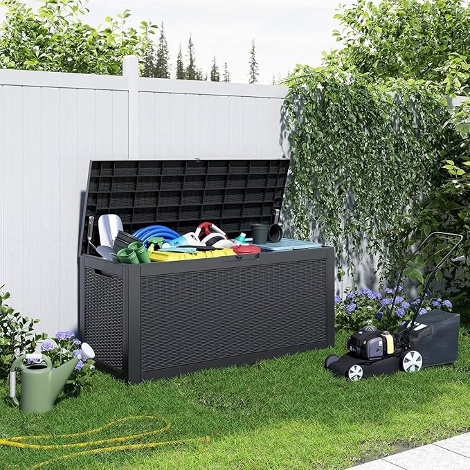 120 Gallon Deck Box,Resin Outdoor Storage Box with Lockable for Patio Furniture, Pool Accessories, Garden Tools Waterproof Outside Storage Box, Black