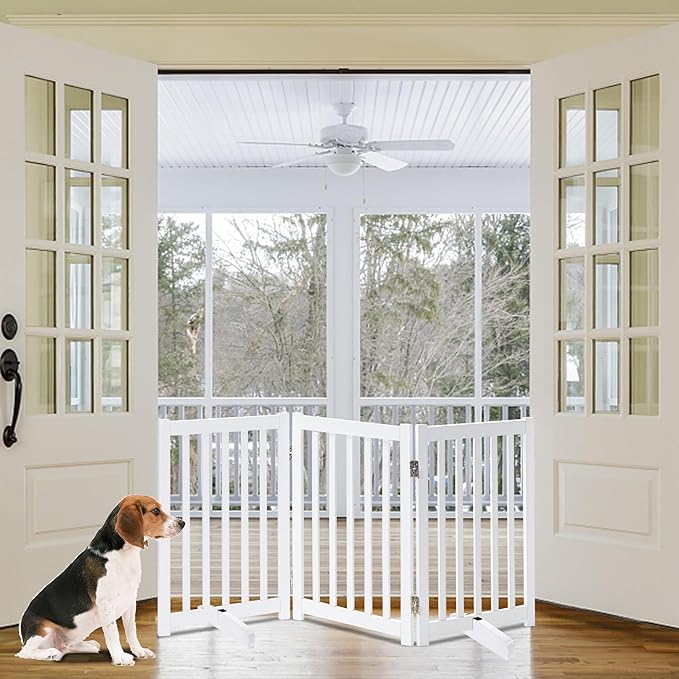 LZRS Freestanding Dog Gate 30 inch Tall - 3 Panels Solid Wooden Pet Gate for Doorways, Stairs & Hallways, Expandable & Foldable with Support Feet,Indoor Use,White