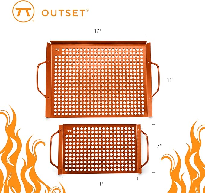 Outset QN76 Copper Grid Set Non-Stick Grilling Tray, Set of 2, 7" x 11" and 14" x 11"