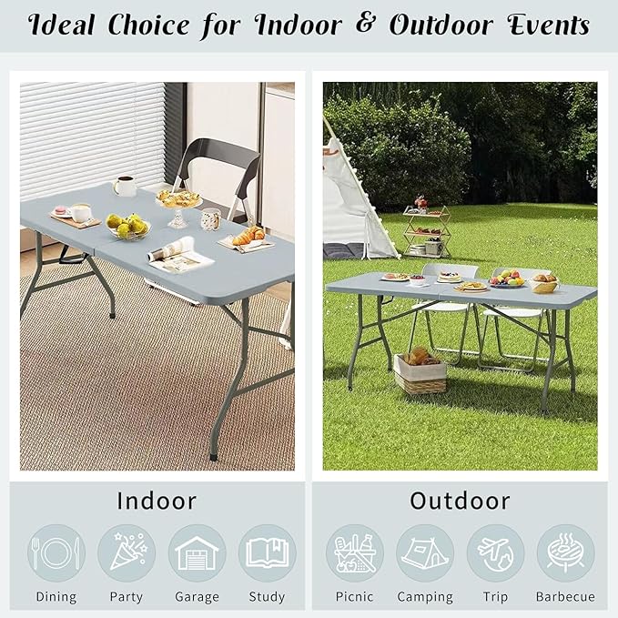 Fivenl 2 Pack 6 FT Folding Tables Grey Foldable Table, Fold-in-Half with Carrying Handle Portable Plastic Rectangular Table for Party, Dining, Wedding, Camping, Picnic, Indoor Outdoor Events