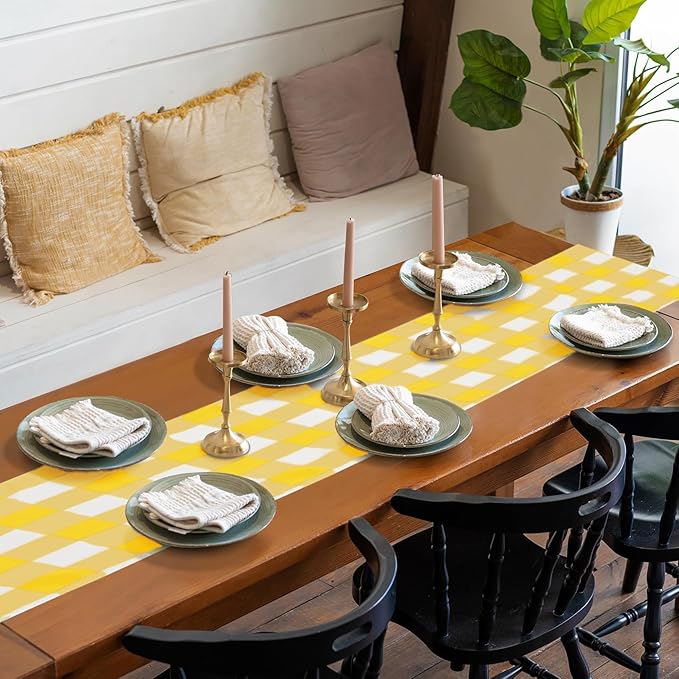 Fabric Checkered Table Runner 12 Pack Waterproof Gingham Table Runner 14W x 108L Buffalo Check Table Runners for Parties Kitchen Dining Wedding Banquet (Yellow and White)