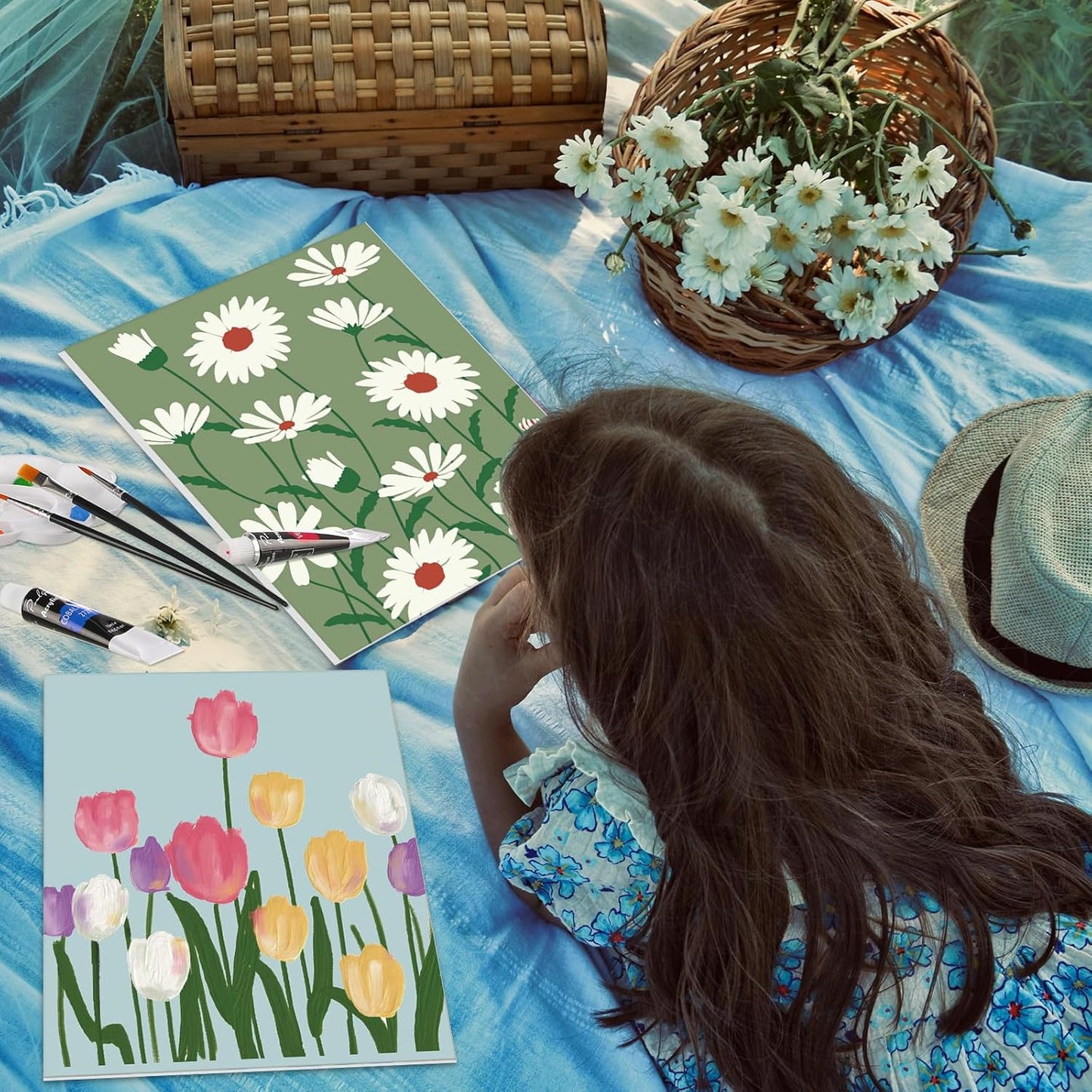 Cholemy 36 Pcs Paint and Sip Kit for Adults 8''x10'' Pre Drawn Canvas for Painting DIY Afro Acrylic Painting Kit Wood Easel Brushes Date Night Bulk for Christmas Party Gifts(Flowering)