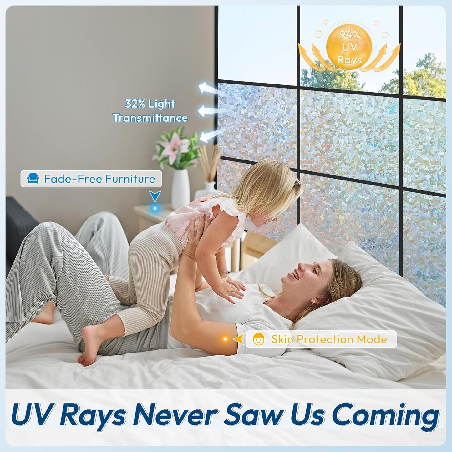 rabbitgoo Rainbow Window Privacy Film Decorative Stained Glass Diamond Pattern Window Sticker with Iridescent Tint Non-Adhesive Static Cling for Home Office Crystal Pattern, 35.4 x 157.4 inch