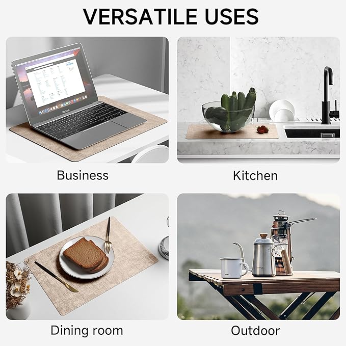 Faux Leather Vinyl Placemats Set of 4 Wipeable Heat Resistant Place Mats 100% Washable - Waterproof - Anti Slip Reversible Table Mats for Kitchen/Dining/Party/Outdoor, 12" x 16.5", Khaki & Black