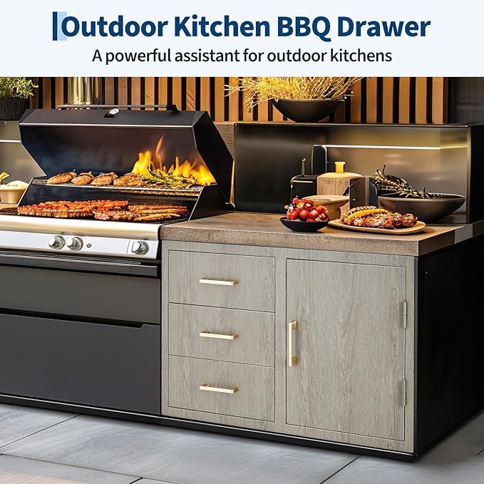 Stainless Steel Outdoor Kitchen Door Drawer Combo 38.2" W x 20.5" H x 22.6" D - Triple Drawers & Access Door, Propane Storage & Adjustable Garbage Ring, Weather-Resistant Flush Mount