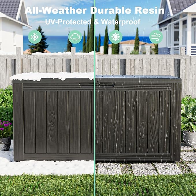 90 Gallon Waterproof Resin Deck Box, UV Resistant Outdoor Storage for Garden, Patio, Porch, Delivery, Striped Black