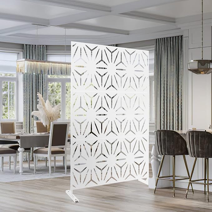 Elevens Free Decorative Privacy Screen with Stand, Outdoor Decor Privacy Fence Screen Metal Fence Panels, Outdoor Divider for Garden Patio Backyard, White-Star (A-GE04006)