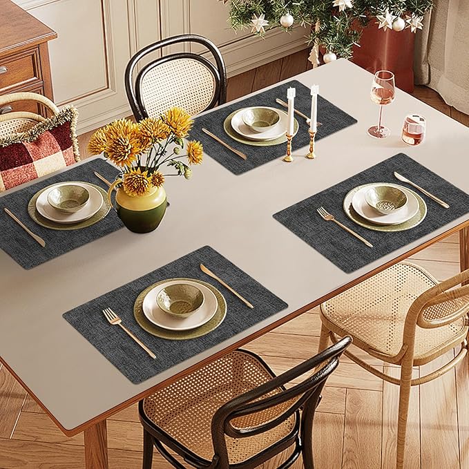 Faux Leather Heat Resistant Placemats Set of 4 – Waterproof Oilproof Wipeable Dining PU Place Mat Easy Clean Table Mats for Kitchen/Dining/Party/Holiday, Dark Grey