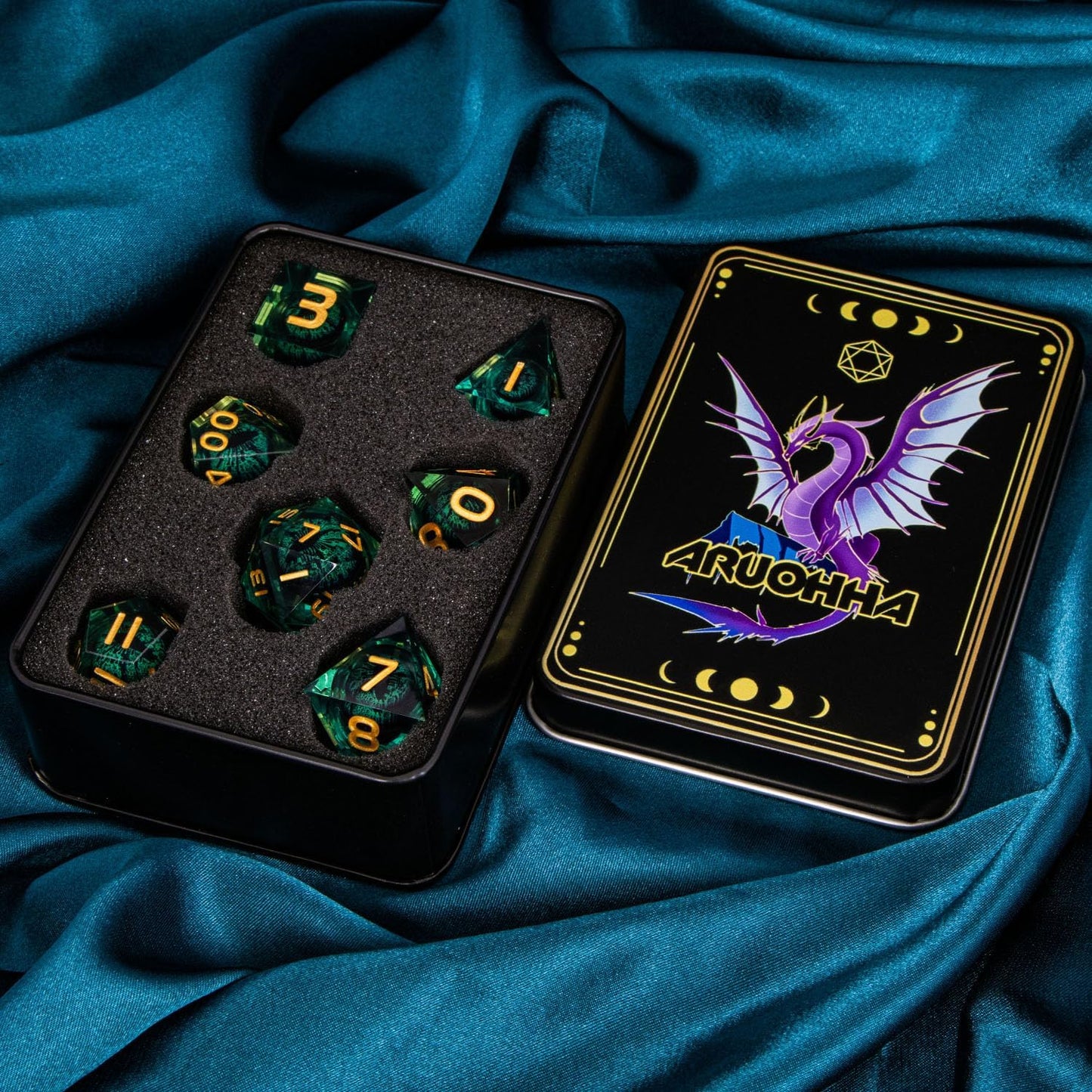 ARUOHHA Dragon Eye Dice Liquid Core DND Dice Green Sharp Edged Dice Set with Gift Box, Polyhedral D and D Dice Set Role Playing Game D20 D12 D10 D8 D6 D4