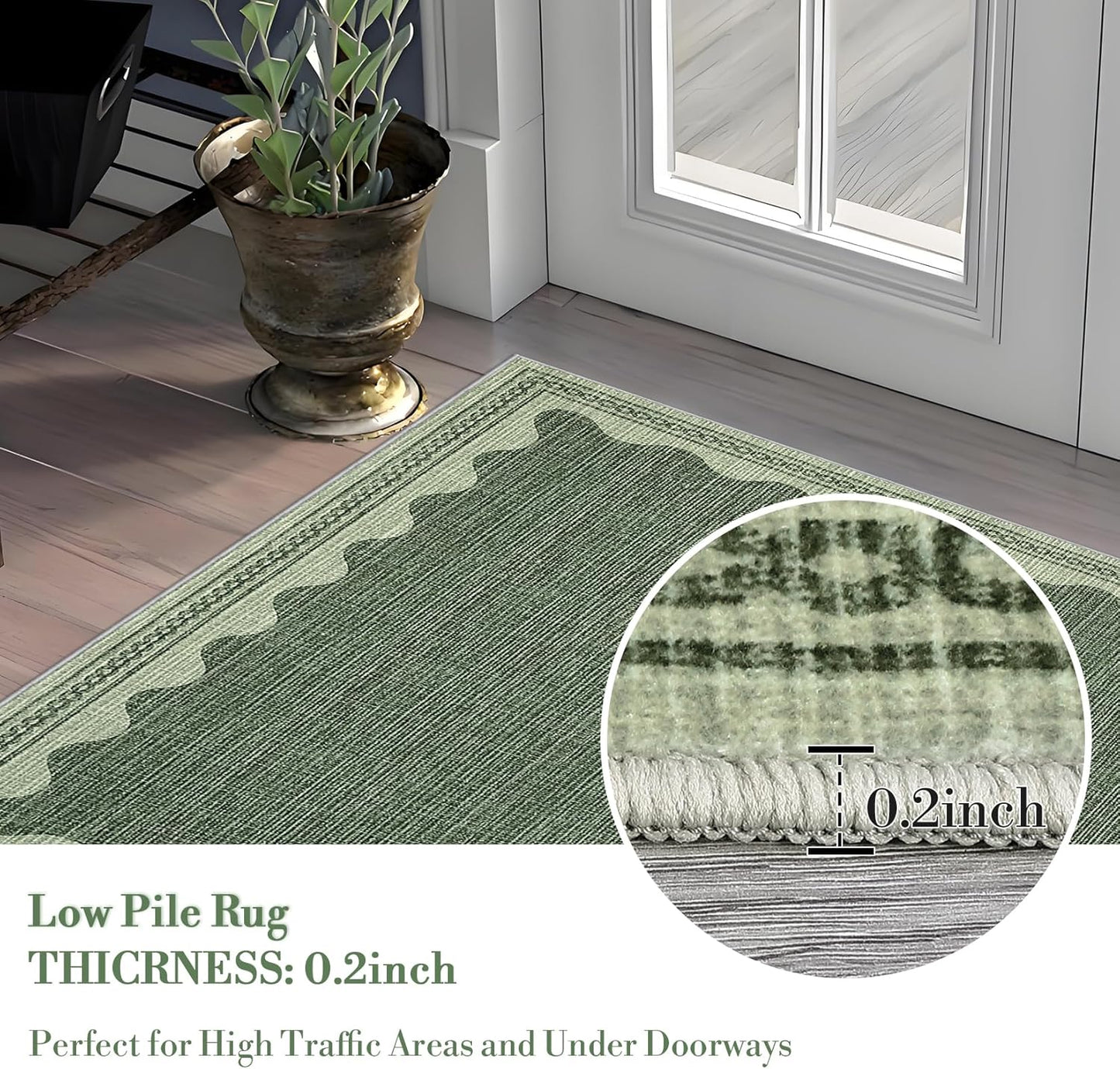 Scalloped Washable Rug 8x10 Area Rugs for Living Room, Solid Green Rug for Bedroom Girls, Non Slip Throw Carpet with Rubber Back, Soft Dorm Nursery 8x10 Rugs for Dining Room